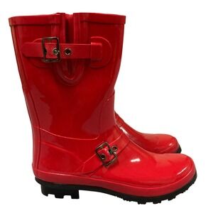 Athletic Works Thunder Red Glossy Rubber Rain Boots Womens Size 8 Buckle Detail